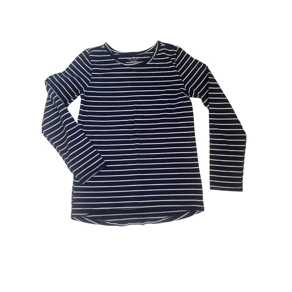 EUC The Children's Place Navy Blue White Striped Long Sleeve Tee Top Size 10/12